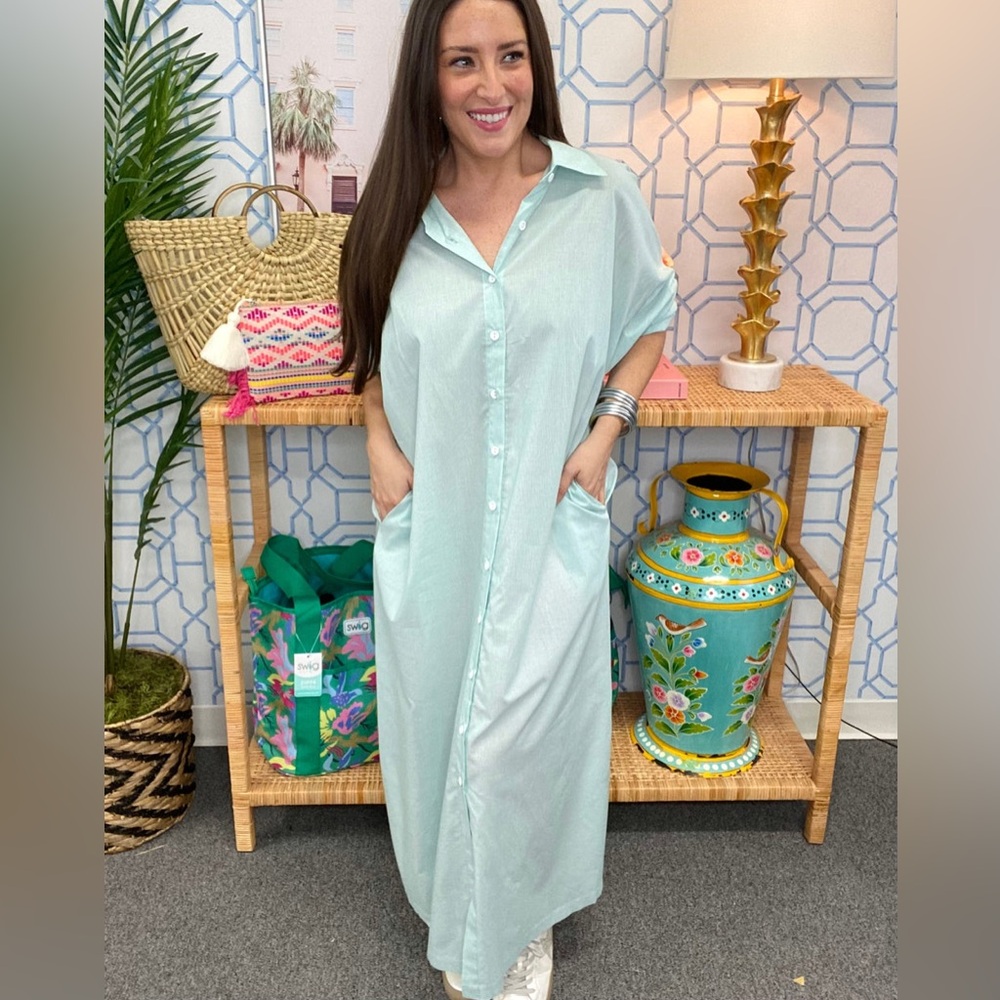 NWT Adrienne Regan Aqua Pinstripe Button-Front Midi Collared Shirt Dress Large